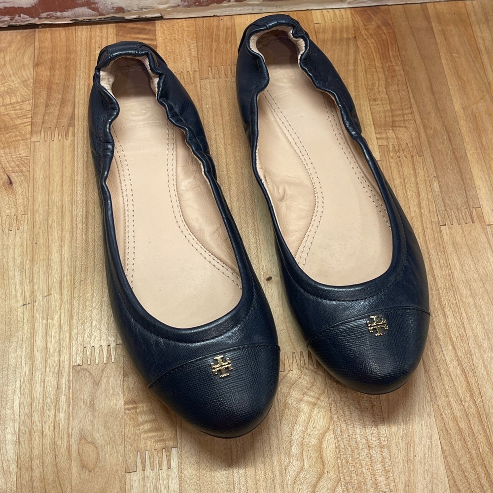 Tory Burch Navy Blue Leather Reva Ballet Flats Gold Logo 7M 41148377